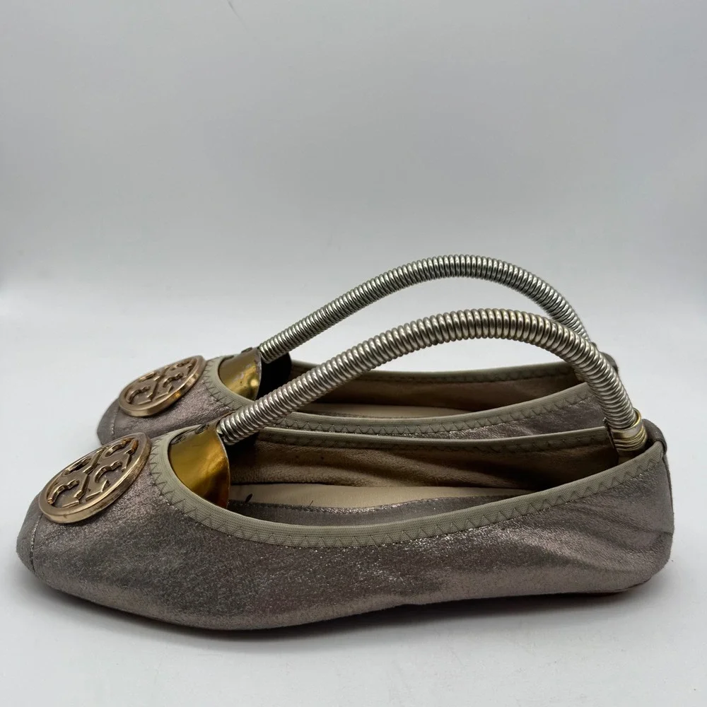 Tory Burch Metallic Pewter‎ Ballet Flats Embellished Logo Women's Shoes